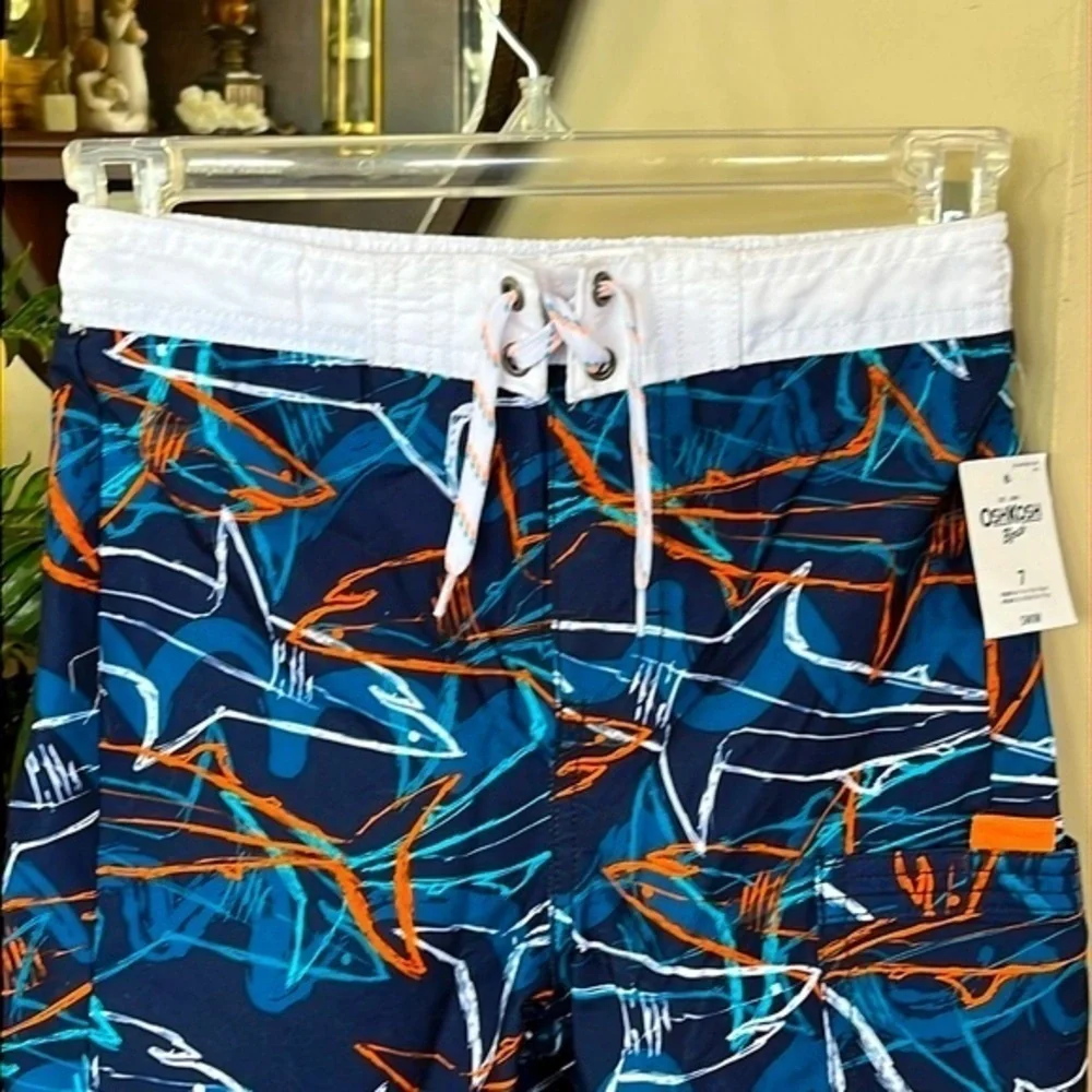 Brand New Oshkosh Swim Shorts Navy Blue Orange Graphic Shark Print Swim Trunks